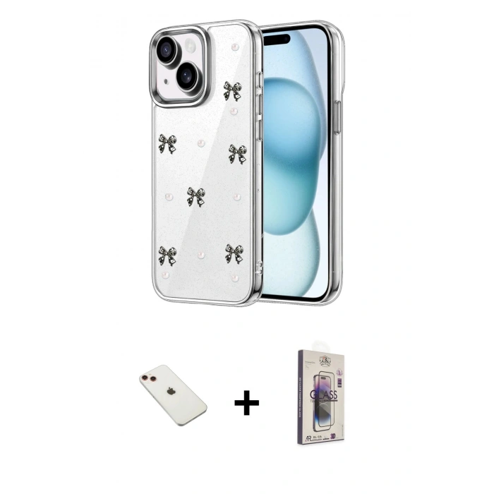 MARSİLYAN™- iPhone 14 Kılıf Yörünge Form - Siyah Bilvis 3D Cam Ekran Koruyucu + Diamond Kamera Lens - KI