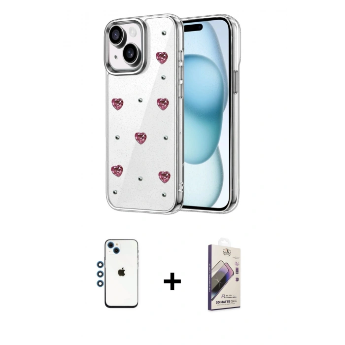 MARSİLYAN™- iPhone 14 Kılıf Yörünge Form - Siyah Bilvis 3D Mat Cam Ekran Koruyucu + Shine Kamera Lens - MI