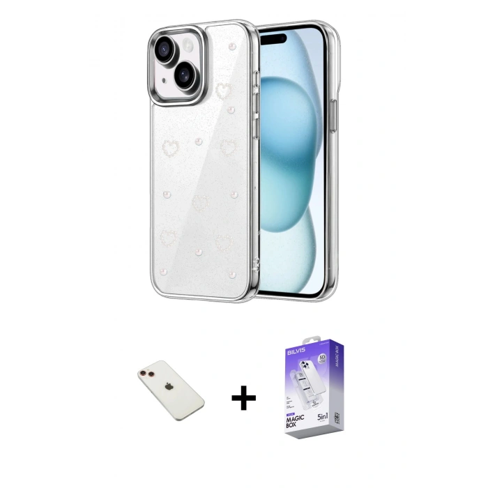 MARSİLYAN™- iPhone 14 Kılıf Yörünge Form - Siyah Bilvis 5in1 3D Magic Cam Ekran Koruyucu + Diamond Kamera Lens - KI