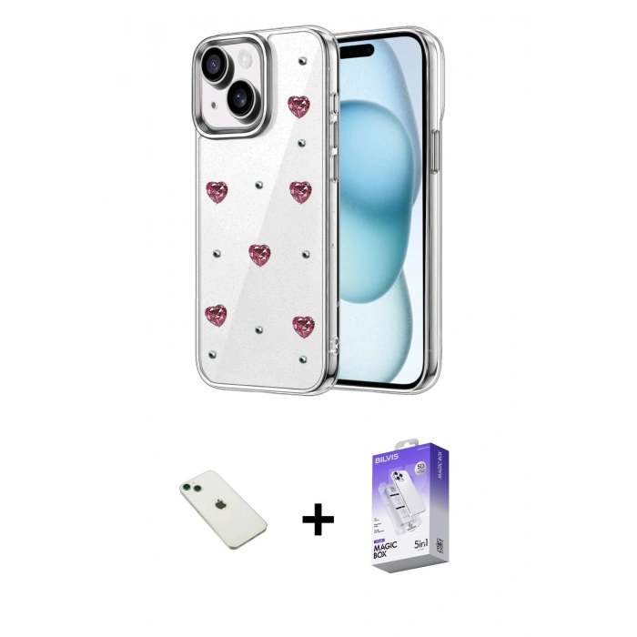 MARSİLYAN™- iPhone 14 Kılıf Yörünge Form - Siyah Bilvis 5in1 3D Magic Cam Ekran Koruyucu + Diamond Kamera Lens - YL