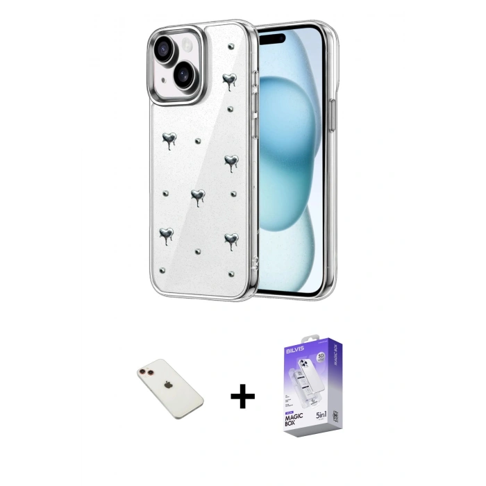 MARSİLYAN™- iPhone 14 Kılıf Yörünge Form - Siyah Bilvis 5in1 3D Magic Cam Ekran Koruyucu + Diamond Kamera Lens - KI