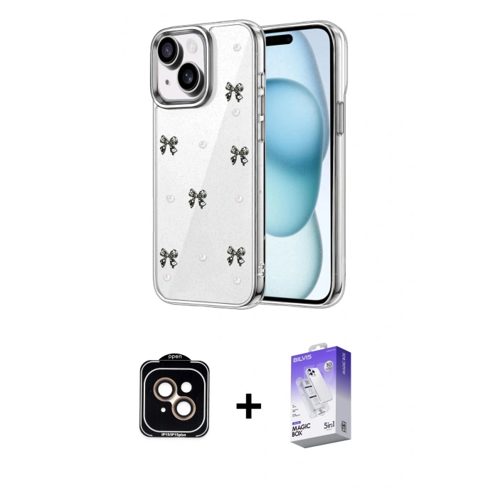 MARSİLYAN™- iPhone 14 Kılıf Yörünge Form - Siyah Bilvis 5in1 3D Magic Cam Ekran Koruyucu + PVD Metal Kamera Lens - TU