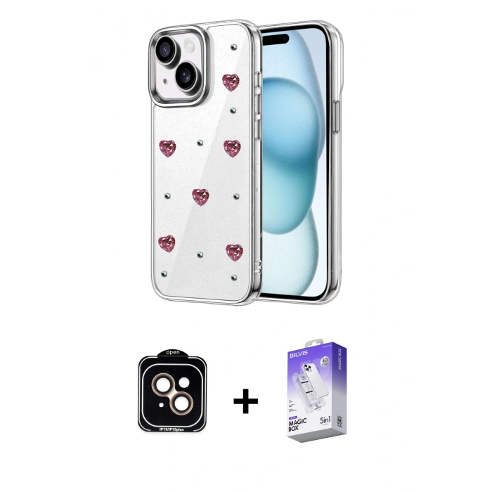 MARSİLYAN™- iPhone 14 Kılıf Yörünge Form - Siyah Bilvis 5in1 3D Magic Cam Ekran Koruyucu + PVD Metal Kamera Lens - TU