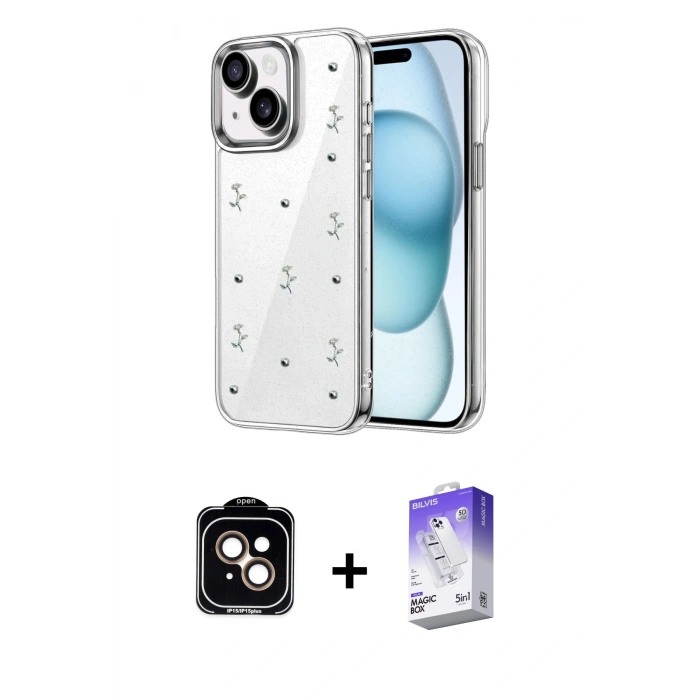 MARSİLYAN™- iPhone 14 Kılıf Yörünge Form - Siyah Bilvis 5in1 3D Magic Cam Ekran Koruyucu + PVD Metal Kamera Lens - TU