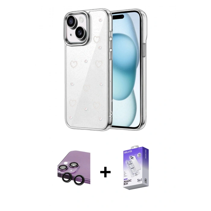 MARSİLYAN™- iPhone 14 Kılıf Yörünge Form - Siyah Bilvis 5in1 3D Magic Cam Ekran Koruyucu + Raze Metal Kamera Lens - SH