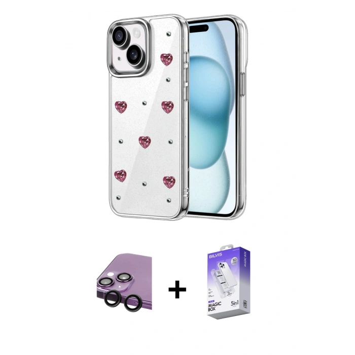 MARSİLYAN™- iPhone 14 Kılıf Yörünge Form - Siyah Bilvis 5in1 3D Magic Cam Ekran Koruyucu + Raze Metal Kamera Lens - SH