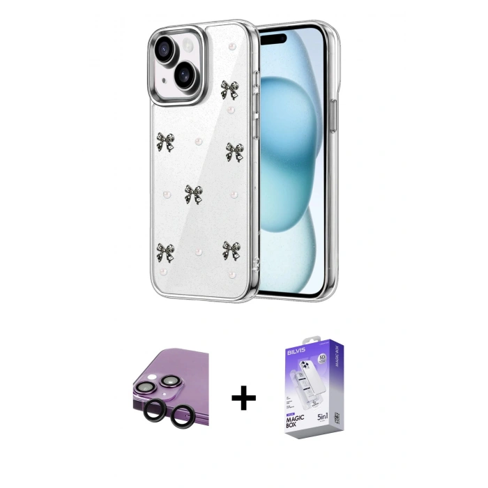 MARSİLYAN™- iPhone 14 Kılıf Yörünge Form - Siyah Bilvis 5in1 3D Magic Cam Ekran Koruyucu + Raze Metal Kamera Lens - SH