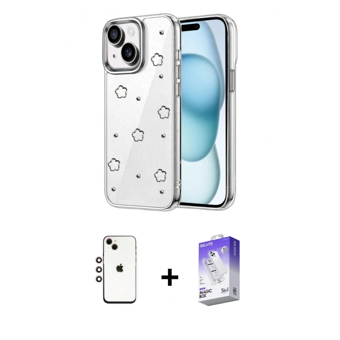 MARSİLYAN™- iPhone 14 Kılıf Yörünge Form - Siyah Bilvis 5in1 3D Magic Cam Ekran Koruyucu + Shine Kamera Lens - GI