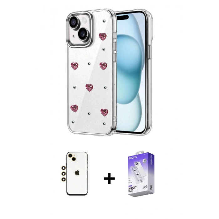 MARSİLYAN™- iPhone 14 Kılıf Yörünge Form - Siyah Bilvis 5in1 3D Magic Cam Ekran Koruyucu + Shine Kamera Lens - GD