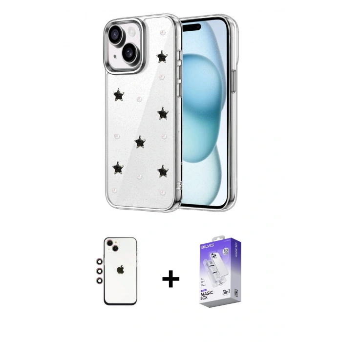 MARSİLYAN™- iPhone 14 Kılıf Yörünge Form - Siyah Bilvis 5in1 3D Magic Cam Ekran Koruyucu + Shine Kamera Lens - GI