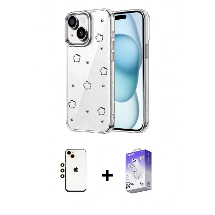 MARSİLYAN™- iPhone 14 Kılıf Yörünge Form - Siyah Bilvis 5in1 3D Magic Cam Ekran Koruyucu + Shine Kamera Lens - GD