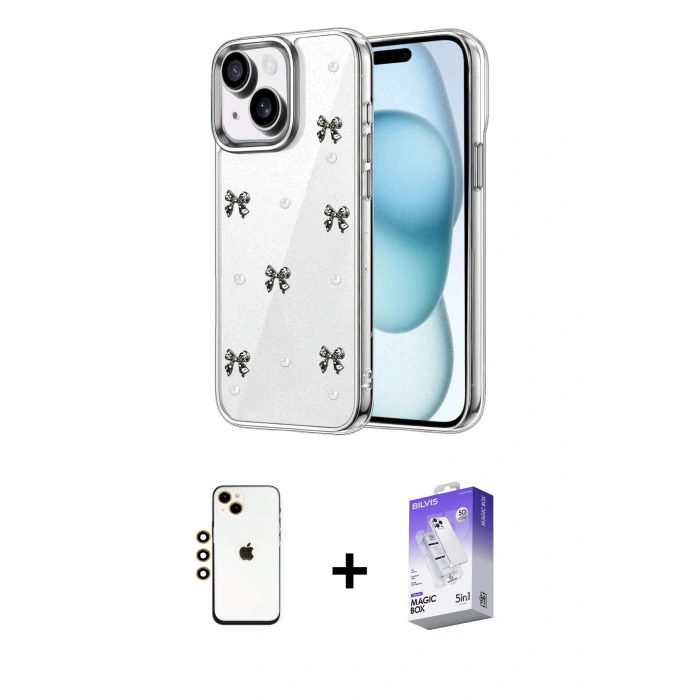 MARSİLYAN™- iPhone 14 Kılıf Yörünge Form - Siyah Bilvis 5in1 3D Magic Cam Ekran Koruyucu + Shine Kamera Lens - GD