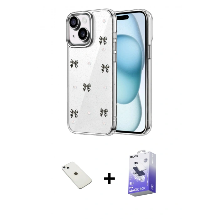 MARSİLYAN™- iPhone 14 Kılıf Yörünge Form - Siyah Bilvis 5in1 5D Magic Hayalet Cam Ekran Koruyucu + Diamond Kamera Lens - SABE