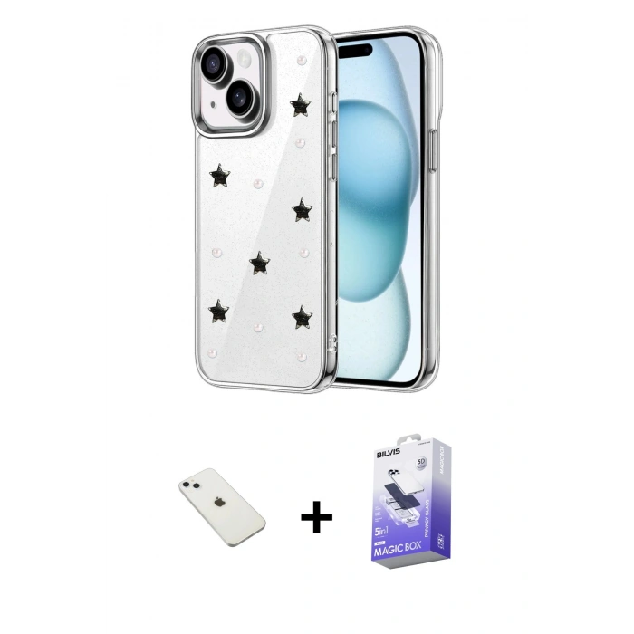 MARSİLYAN™- iPhone 14 Kılıf Yörünge Form - Siyah Bilvis 5in1 5D Magic Hayalet Cam Ekran Koruyucu + Diamond Kamera Lens - SABE