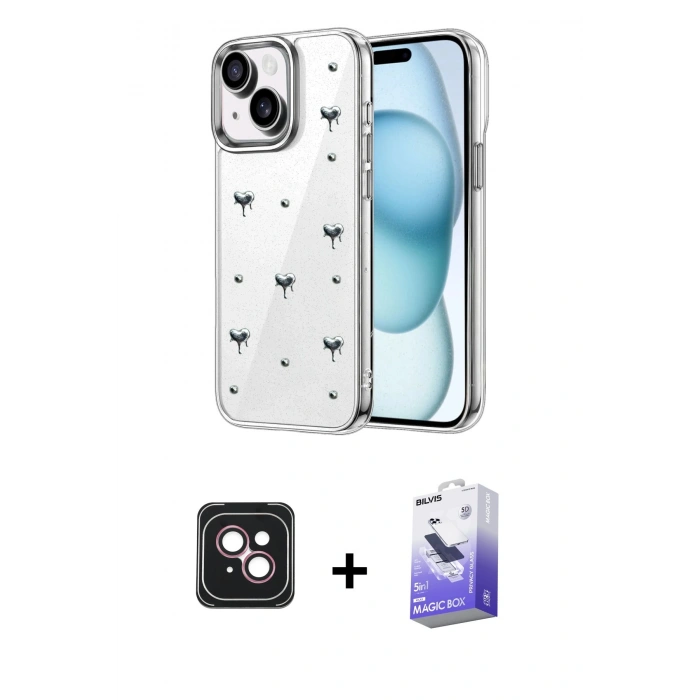 MARSİLYAN™- iPhone 14 Kılıf Yörünge Form - Siyah Bilvis 5in1 5D Magic Hayalet Cam Ekran Koruyucu + PVD Metal Kamera Lens - PE