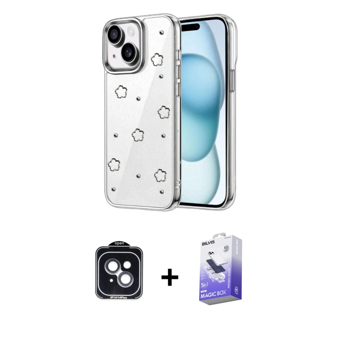 MARSİLYAN™- iPhone 14 Kılıf Yörünge Form - Siyah Bilvis 5in1 5D Magic Hayalet Cam Ekran Koruyucu + PVD Metal Kamera Lens - SH