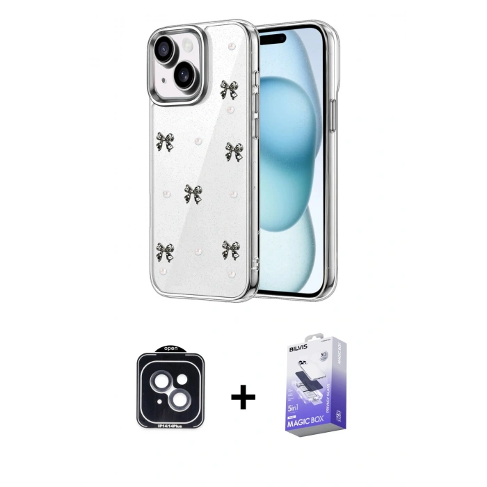 MARSİLYAN™- iPhone 14 Kılıf Yörünge Form - Siyah Bilvis 5in1 5D Magic Hayalet Cam Ekran Koruyucu + PVD Metal Kamera Lens - SH