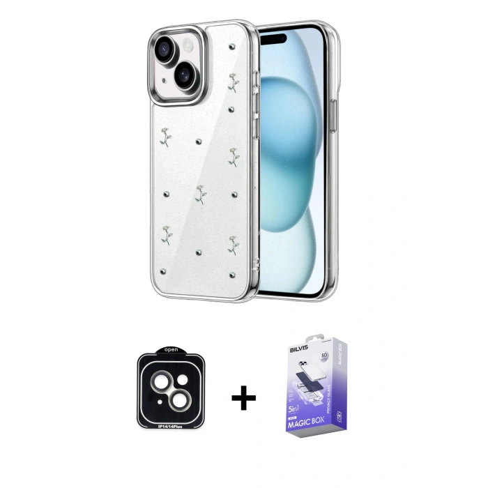 MARSİLYAN™- iPhone 14 Kılıf Yörünge Form - Siyah Bilvis 5in1 5D Magic Hayalet Cam Ekran Koruyucu + PVD Metal Kamera Lens - YL