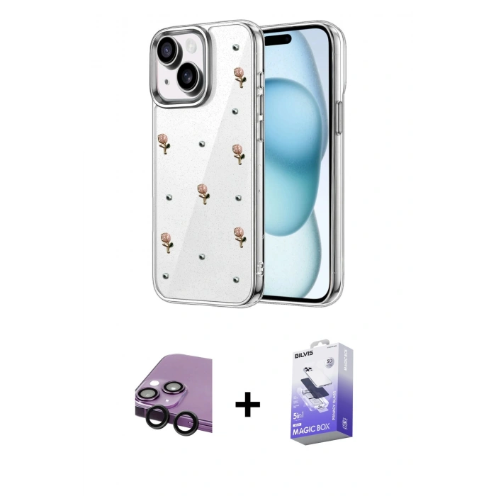 MARSİLYAN™- iPhone 14 Kılıf Yörünge Form - Siyah Bilvis 5in1 5D Magic Hayalet Cam Ekran Koruyucu + Raze Metal Kamera Lens - SH