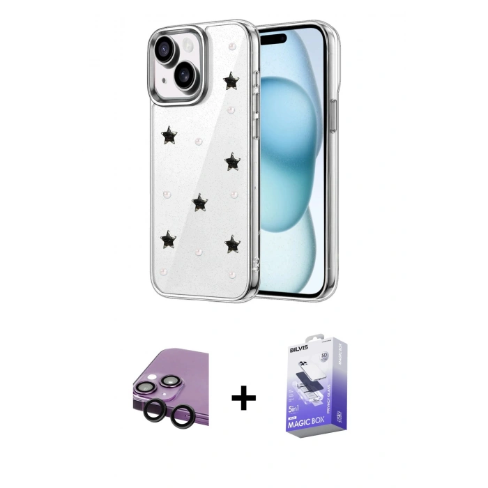 MARSİLYAN™- iPhone 14 Kılıf Yörünge Form - Siyah Bilvis 5in1 5D Magic Hayalet Cam Ekran Koruyucu + Raze Metal Kamera Lens - SH