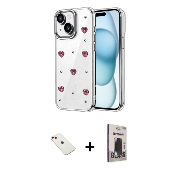 MARSİLYAN™- iPhone 14 Kılıf Yörünge Form - Siyah Bilvis Hayalet Cam Ekran Koruyucu + Diamond Kamera Lens - KI