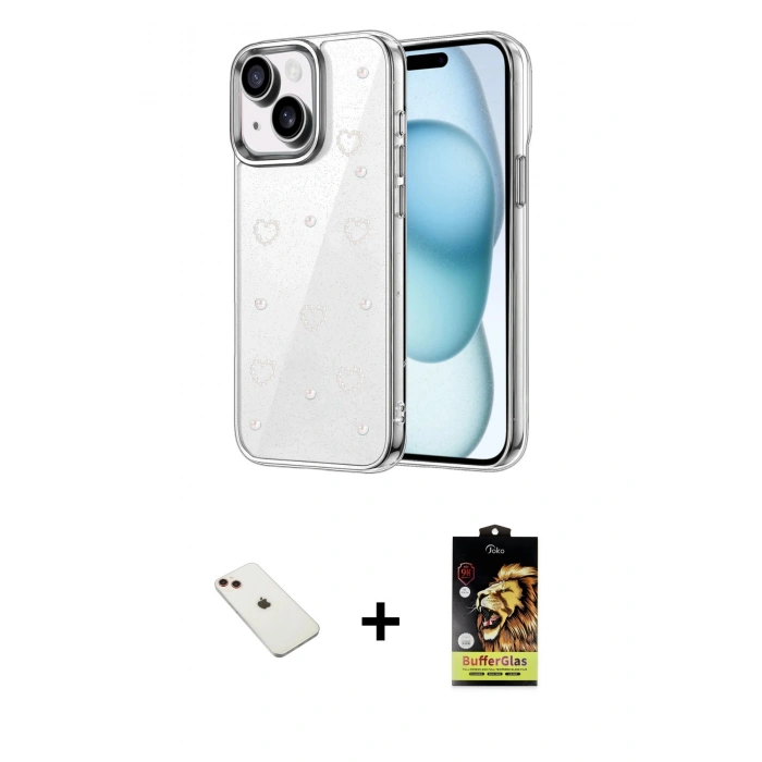 MARSİLYAN™- iPhone 14 Kılıf Yörünge Form - Siyah Buffer Cam Ekran Koruyucu + Diamond Kamera Lens - KI