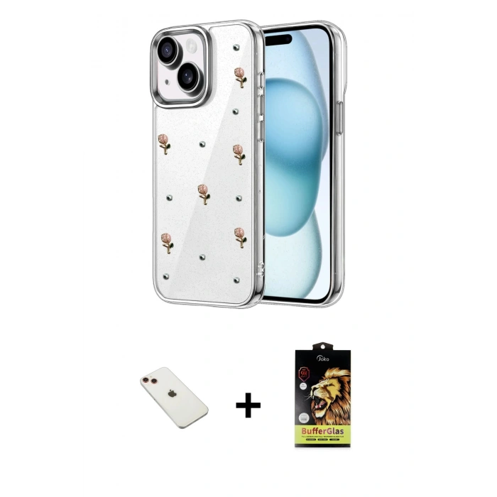MARSİLYAN™- iPhone 14 Kılıf Yörünge Form - Siyah Buffer Cam Ekran Koruyucu + Diamond Kamera Lens - KI