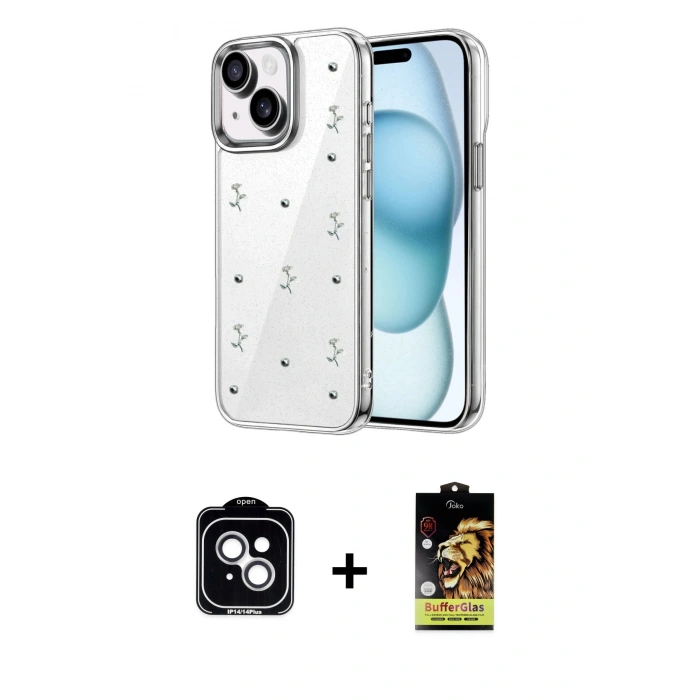 MARSİLYAN™- iPhone 14 Kılıf Yörünge Form - Siyah Buffer Cam Ekran Koruyucu + PVD Metal Kamera Lens - GS