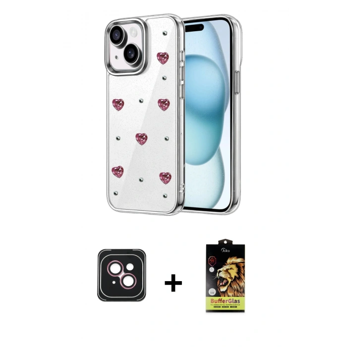 MARSİLYAN™- iPhone 14 Kılıf Yörünge Form - Siyah Buffer Cam Ekran Koruyucu + PVD Metal Kamera Lens - PE