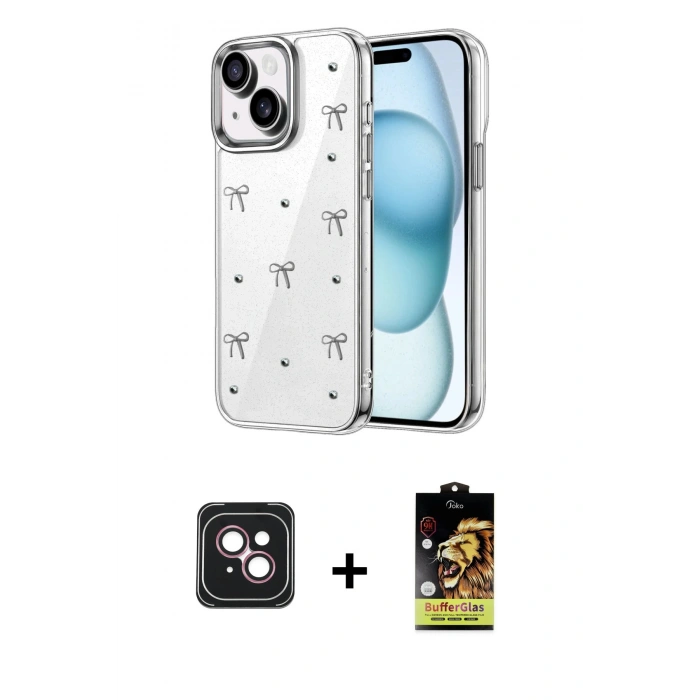 MARSİLYAN™- iPhone 14 Kılıf Yörünge Form - Siyah Buffer Cam Ekran Koruyucu + PVD Metal Kamera Lens - PE