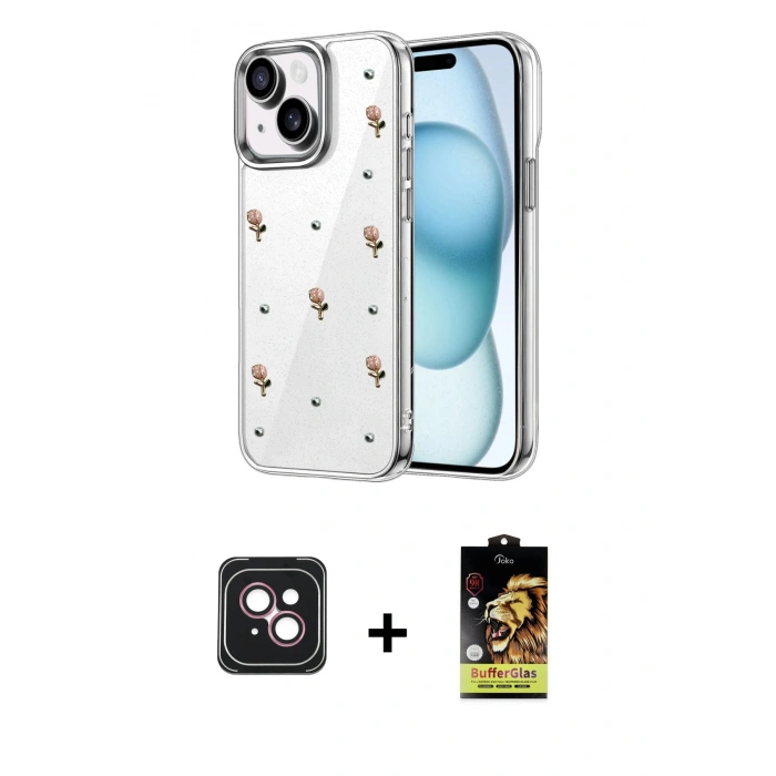 MARSİLYAN™- iPhone 14 Kılıf Yörünge Form - Siyah Buffer Cam Ekran Koruyucu + PVD Metal Kamera Lens - PE