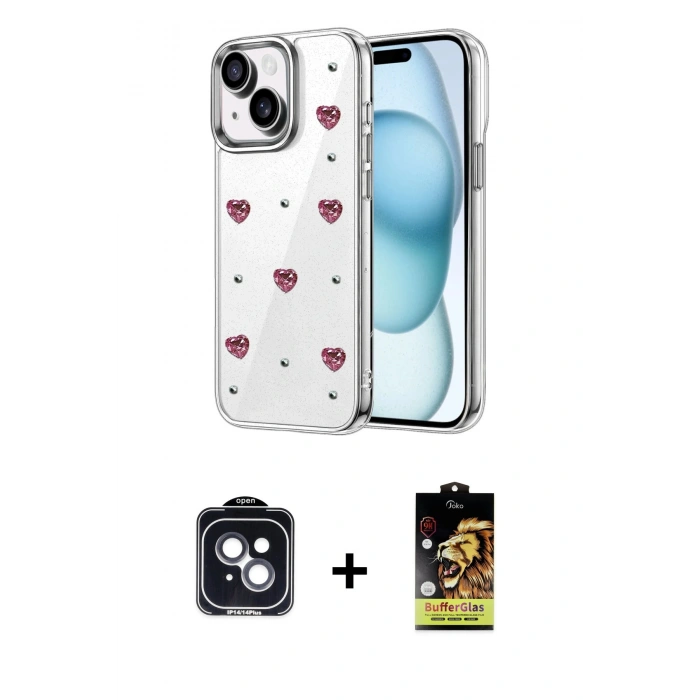 MARSİLYAN™- iPhone 14 Kılıf Yörünge Form - Siyah Buffer Cam Ekran Koruyucu + PVD Metal Kamera Lens - SH