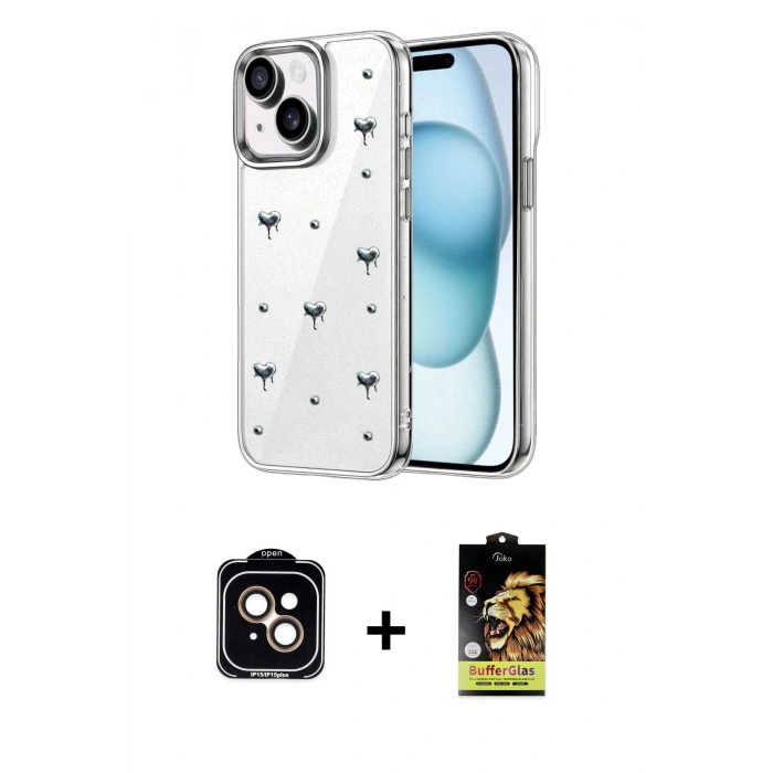 MARSİLYAN™- iPhone 14 Kılıf Yörünge Form - Siyah Buffer Cam Ekran Koruyucu + PVD Metal Kamera Lens - TU