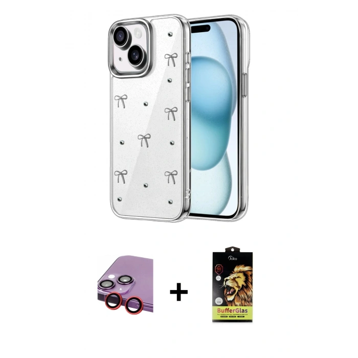 MARSİLYAN™- iPhone 14 Kılıf Yörünge Form - Siyah Buffer Cam Ekran Koruyucu + Raze Metal Kamera Lens - KI