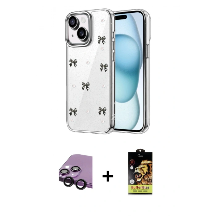 MARSİLYAN™- iPhone 14 Kılıf Yörünge Form - Siyah Buffer Cam Ekran Koruyucu + Raze Metal Kamera Lens - SH