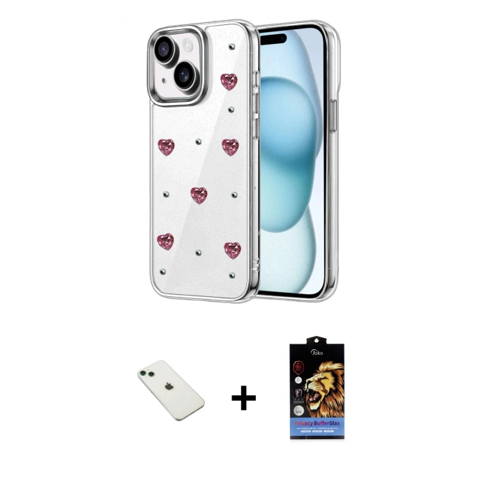 MARSİLYAN™- iPhone 14 Kılıf Yörünge Form - Siyah Buffer Hayalet Cam Ekran Koruyucu + Diamond Kamera Lens - YL