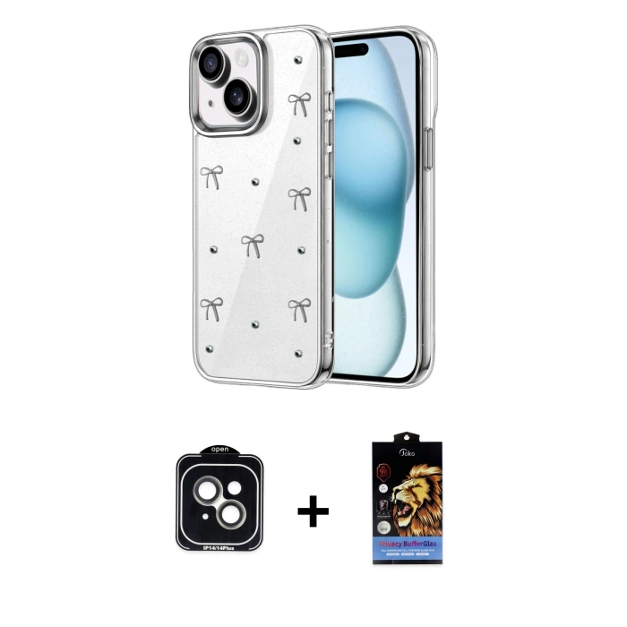 MARSİLYAN™- iPhone 14 Kılıf Yörünge Form - Siyah Buffer Hayalet Cam Ekran Koruyucu + PVD Metal Kamera Lens - YL