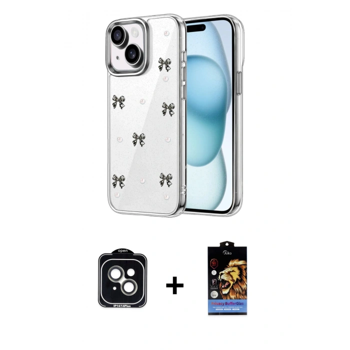 MARSİLYAN™- iPhone 14 Kılıf Yörünge Form - Siyah Buffer Hayalet Cam Ekran Koruyucu + PVD Metal Kamera Lens - YL