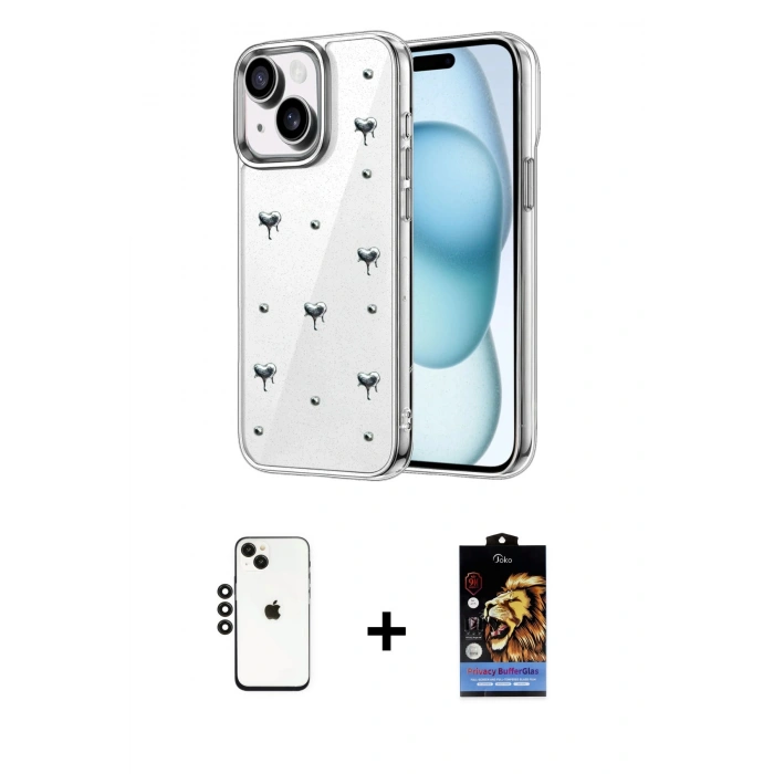 MARSİLYAN™- iPhone 14 Kılıf Yörünge Form - Siyah Buffer Hayalet Cam Ekran Koruyucu + Shine Kamera Lens - SH