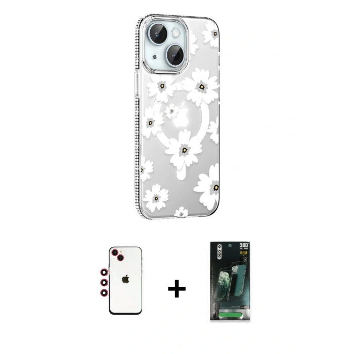 MARSİLYAN™- iPhone 14 Kılıf Yörünge Işık Prime - Şeffaf 360 Full Body Arka Koruyucu + Shine Kamera Lens - KI