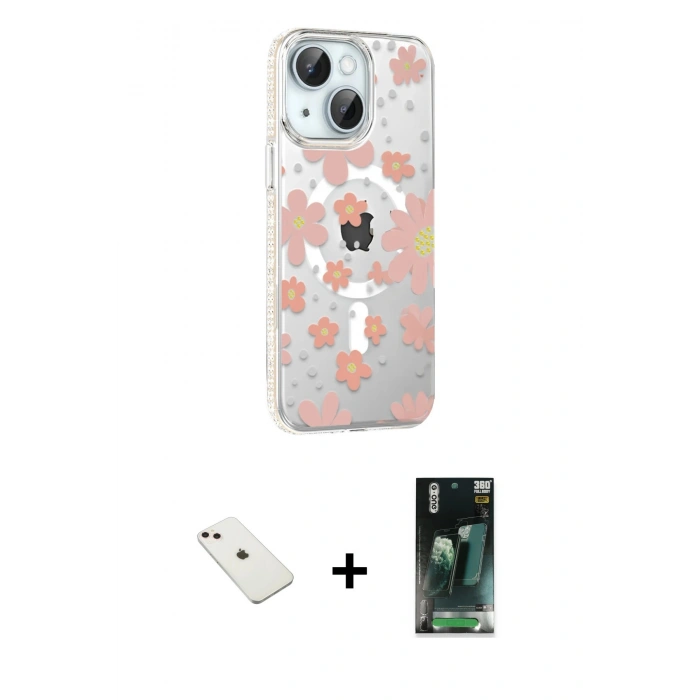 MARSİLYAN™- iPhone 14 Kılıf Yörünge Işık Prime - Şeffaf 360 Full Body Arka Koruyucu + Diamond Kamera Lens - PE