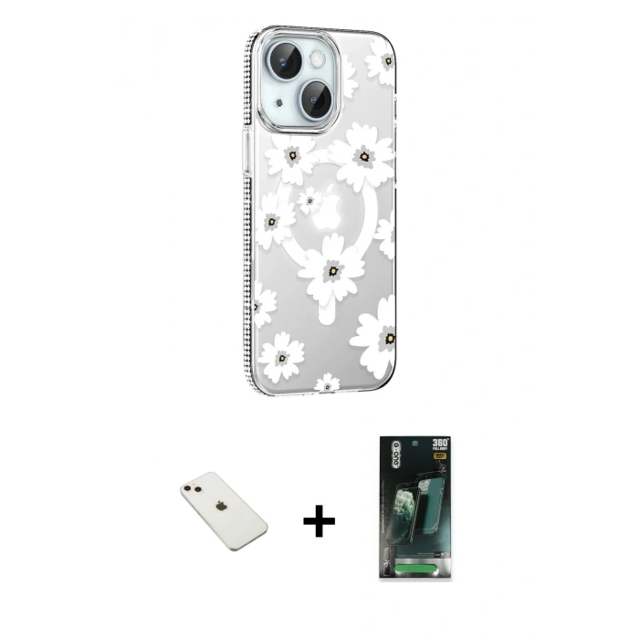 MARSİLYAN™- iPhone 14 Kılıf Yörünge Işık Prime - Şeffaf 360 Full Body Arka Koruyucu + Diamond Kamera Lens - PE