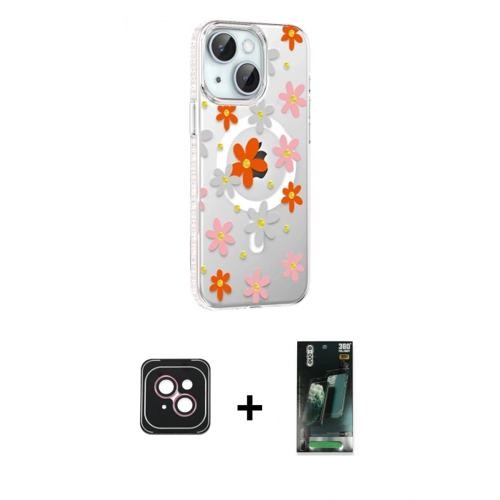 MARSİLYAN™- iPhone 14 Kılıf Yörünge Işık Prime - Şeffaf 360 Full Body Arka Koruyucu + PVD Metal Kamera Lens - PE