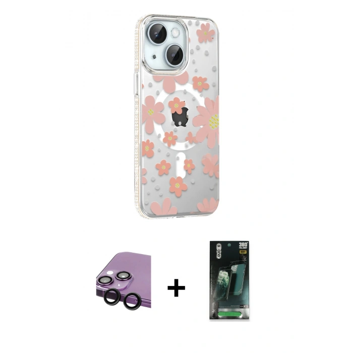 MARSİLYAN™- iPhone 14 Kılıf Yörünge Işık Prime - Şeffaf 360 Full Body Arka Koruyucu + Raze Metal Kamera Lens - SH