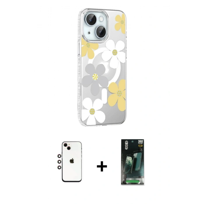 MARSİLYAN™- iPhone 14 Kılıf Yörünge Işık Prime - Şeffaf 360 Full Body Arka Koruyucu + Shine Kamera Lens - GI