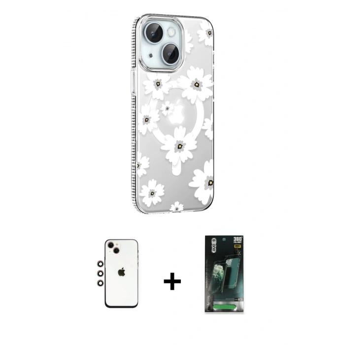 MARSİLYAN™- iPhone 14 Kılıf Yörünge Işık Prime - Şeffaf 360 Full Body Arka Koruyucu + Shine Kamera Lens - GI