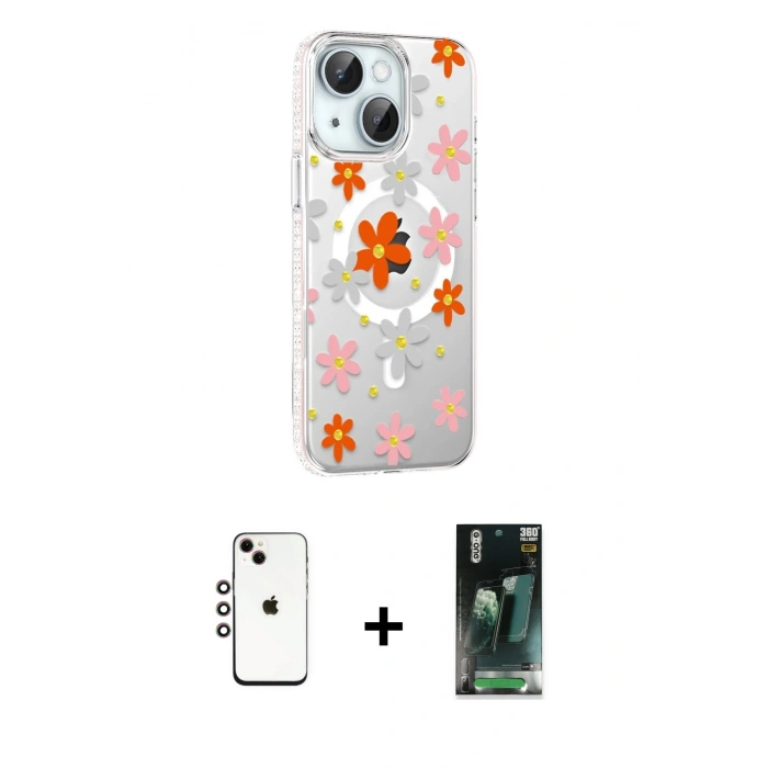 MARSİLYAN™- iPhone 14 Kılıf Yörünge Işık Prime - Şeffaf 360 Full Body Arka Koruyucu + Shine Kamera Lens - GI