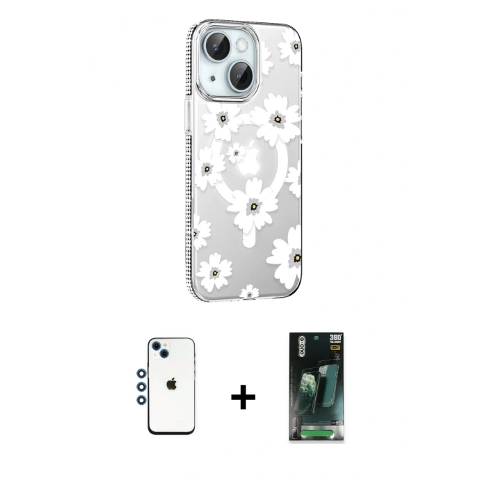 MARSİLYAN™- iPhone 14 Kılıf Yörünge Işık Prime - Şeffaf 360 Full Body Arka Koruyucu + Shine Kamera Lens - MI