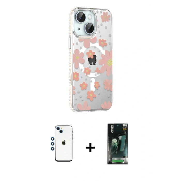 MARSİLYAN™- iPhone 14 Kılıf Yörünge Işık Prime - Şeffaf 360 Full Body Arka Koruyucu + Shine Kamera Lens - MI