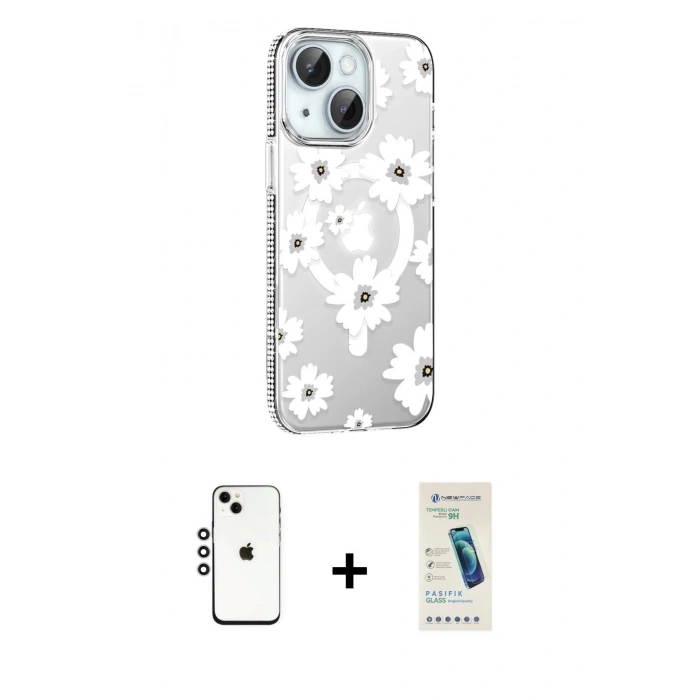 MARSİLYAN™- iPhone 14 Kılıf Yörünge Işık Prime - Şeffaf Pasifik Cam Ekran Koruyucu + Shine Kamera Lens - GS